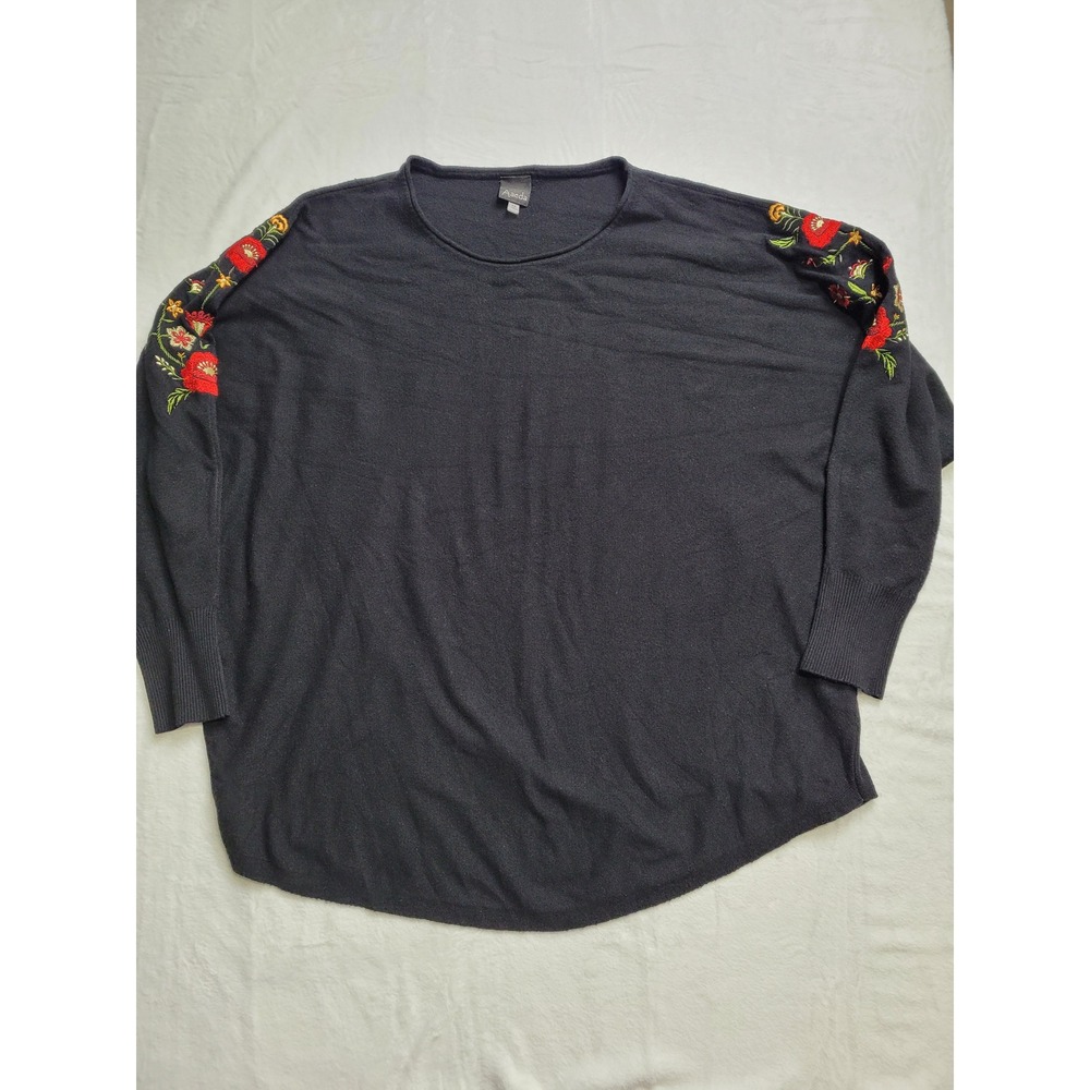 Aaeda Sweater Womens 2X Black Floral Embroidered Sleeve Oversized Pullover